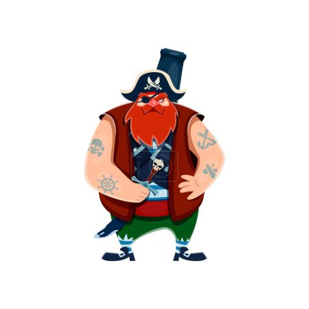 Illustration for Cartoon pirate captain character with sword and cannon, piracy vector personage. Funny corsair, marine robber or buccaneer with pirate captain tricorn hat, black eye patch, tattoos and weapons - Royalty Free Image