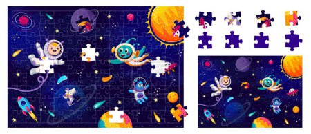 Illustration for Jigsaw puzzle game pieces. Cartoon aliens and astronaut at starry outer space. Form match quiz, puzzle game or riddle with kid spaceman, alien cute characters, rocket and comet flying in outerspace - Royalty Free Image