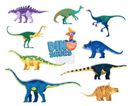 Ilustración de Dinosaurios de dibujos animados personajes aislados. Struthiosaurus, Jaxartosaurus, Garudimimus y Elmisaurus, Opisthocoelicaudia, Magyarosaurus, Quaesitosaurus, Pachyrhinosaurus dinosaurios reptiles lindos personajes - Imagen libre de derechos
