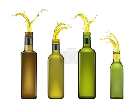 Ilustración de Botellas de aceite de oliva con salpicaduras brillantes en la luz, capturar la esencia de frescura y sabor. Frascos de vidrio vectorial 3D realistas aislados fila presentación dinámica, delicias culinarias prometedoras - Imagen libre de derechos