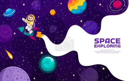 Illustration for Cartoon kid astronaut on rocket in galaxy space with planets in starry sky, vector background. Kid spaceman on space adventure and galaxy exploration with spaceship shuttle for planetary education - Royalty Free Image