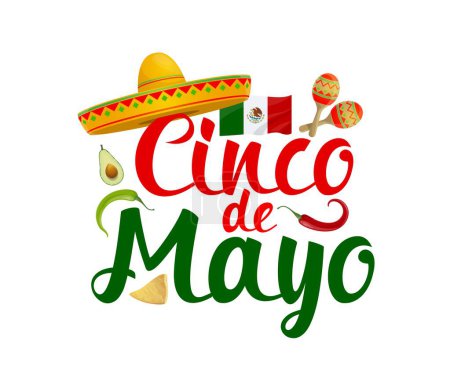 Téléchargez les illustrations : T-shirt mexicain Cinco de mayo imprimé. Emblème vectoriel isolé avec symboles traditionnels chapeau sombrero, maracas, avocat, drapeau national, piment rouge et nachos. Badge de bande dessinée fête du Mexique à thème - en licence libre de droit
