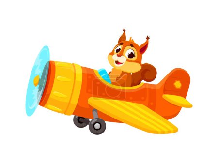 Téléchargez les illustrations : Bébé personnage animal dans l'avion. Caricature animal écureuil enfant pilote d'avion. Aventurier isolé de la taille d'une pinte vectorielle, navigue sans peur dans un minuscule biplan, prêt pour des escapades à vol d'oiseau dans le ciel large - en licence libre de droit