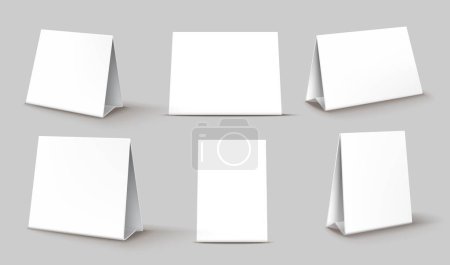 Téléchargez les illustrations : Modélisations de support de carte de note ou de calendrier, présentoir de tente ou de papier, vecteur réaliste. Carte de tente triangulaire vierge 3D pour l'affichage du menu ou triple pour la carte de place de table avec carton en papier blanc - en licence libre de droit