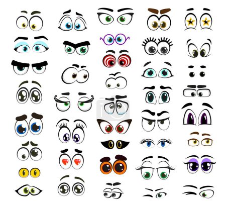 Téléchargez les illustrations : Bande dessinée yeux pour visage emoji ou personnages emoticon, vecteur mignon sourires drôles ensemble. Yeux comiques avec cils, icônes emoji de lunettes heureuses, en colère ou tristes avec des sourcils et des expressions de lunettes - en licence libre de droit