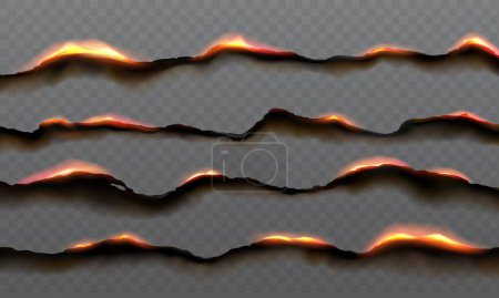 Téléchargez les illustrations : Bords brûlants de papier. Parchemin vectoriel 3D réaliste effet brûlé avec flamme et cendres. Des bordures fragiles et nettes se transforment en contours carbonisés, en boucles, en noircissant tandis que les flammes dansent le long de leurs fibres délicates - en licence libre de droit