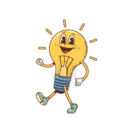 Illustration for Cartoon groovy light bulb character with happy face, vector comic funky or hippie art. Funny smiling groovy lamp in hipster style walking in sneakers for kids personage and retro t-shirt print - Royalty Free Image