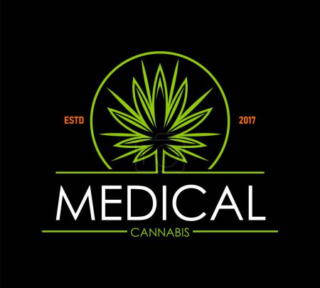 Ilustración de Cannabis, icono de la marihuana medicinal de la hoja de hierba medicinal CBD, símbolo vectorial. Etiqueta de farmacia con hoja de planta de cannabis sativa verde en círculo, terapia CBD y tratamiento de marihuana medicinal - Imagen libre de derechos