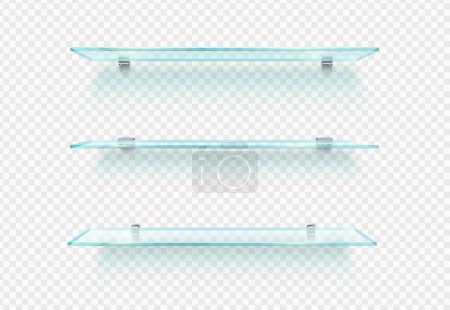 Illustration for Realistic empty glass shelf. Isolated 3d vector shelves with transparent surfaces offer a minimalist look, creating a sleek and uncluttered space for display or storage for goods, items and production - Royalty Free Image