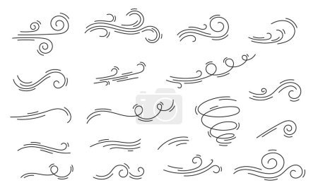 Illustration for Doodle air wind motions, linear icons of hurricane blow and windy storm wave, cartoon vector. Wind flow effects in line art, breeze wind blowing or hurricane speed motion with spiral windy twirls - Royalty Free Image