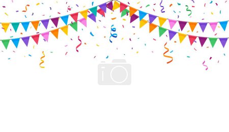 Téléchargez les illustrations : Fête d'anniversaire drapeau guirlande et confettis. Fond vectoriel festif créant une atmosphère animée remplie de joie et de célébration. Fond vibrant avec des décorations colorées, modèle pour carte de vœux - en licence libre de droit