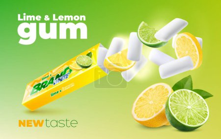Illustration for Lime and lemon chewing gum, realistic product package background, vector template. Citrus fruits Chewing gum pillows splash from pack with lemon and lime slices and green leaves in fresh cool wave - Royalty Free Image