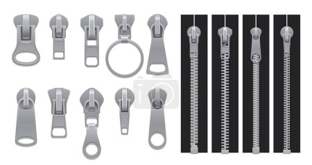 Illustration for Realistic zipper, metal zip isolated 3d vector set. Fastening pulling device used in clothing, consisting of interlocking metal teeth and a sliding mechanism for opening and closing garments with ease - Royalty Free Image