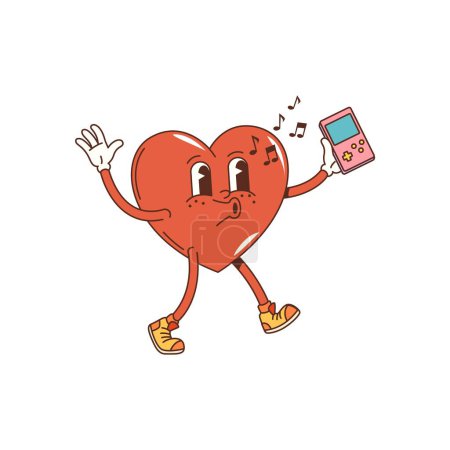 Illustration for Cartoon groovy heart character, whistling melody with happy face, vector hippie art or hipster style. Groovy heart walking with retro player and singing song for oldschool art or t-shirt print - Royalty Free Image