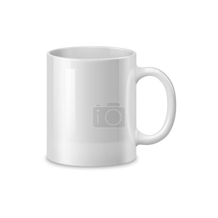 Ilustración de Taza de café de cerámica blanca realista y taza de té, vajilla maqueta. Cerámica en blanco de vectores 3D aislada con forma cilíndrica, mango cómodo y un acabado brillante, perfecto para la identidad de marca - Imagen libre de derechos