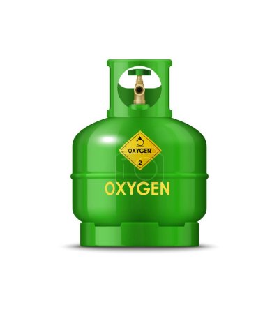 Ilustración de Cilindro realista de gas oxígeno. Tanque grande verde vectorial aislado con un manómetro y una etiqueta de advertencia diseñados para uso médico e industrial, asegurando un suministro confiable y controlado - Imagen libre de derechos