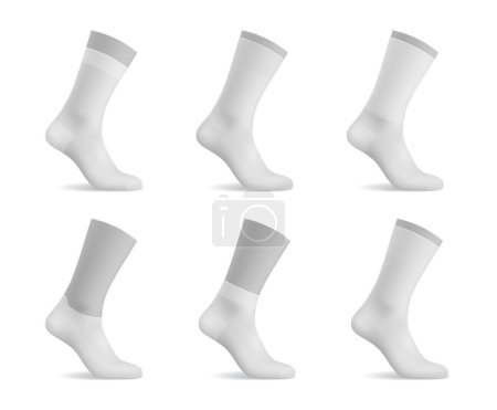 Illustration for Realistic man socks, white mockup templates of foot wear textile, isolated vector. Blank white sport socks with elastic ankle, high long or middle low and short socks on mannequin foot mockup - Royalty Free Image