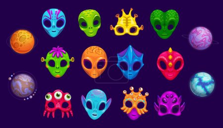 Téléchargez les illustrations : Masques spatiaux extraterrestres pour photomaton et accessoires de créatures monstrueuses, visages vectoriels de dessins animés. Mutants Martiens extraterrestres et humanoïdes avec tentacules de reptiles et ventouses pour masques de cabine photo galaxie - en licence libre de droit