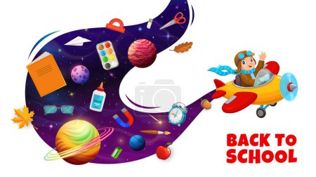 Illustration for Kid airplane pilot flying in space wave with school supplies. Vector back to school banner with little aviator soars through the Universe trailing educational items in celestial spectacle of learning - Royalty Free Image