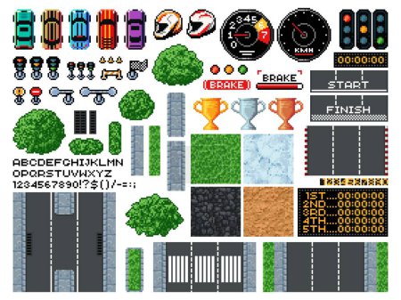 Illustration for 8 bit pixel art race game, top view of racing track, cars and equipment, vector icons. Arcade video game elements of karting car, speed road and traffic signs with racetrack texture and speedometer - Royalty Free Image