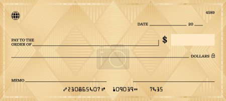 Illustration for Blank golden bank check or checkbook cheque template, vector background. Money payment book cheque or paycheck with guilloche pattern, payment coupon layout with golden frame for bank voucher bill - Royalty Free Image