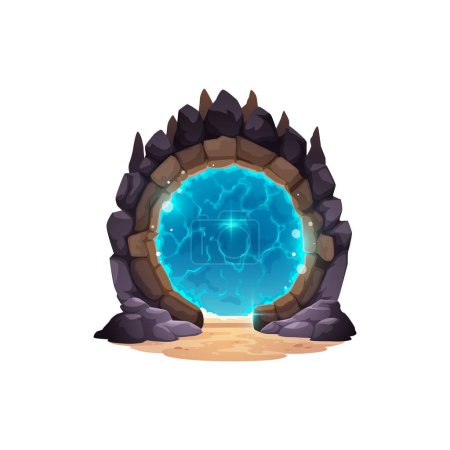 Illustration for Fantasy game cartoon magic portal door. Isolated vector mystical doorway adorned with ancient stones and blue plasma or shimmering energy bridging realm with fantastical fairytale world of enchantment - Royalty Free Image