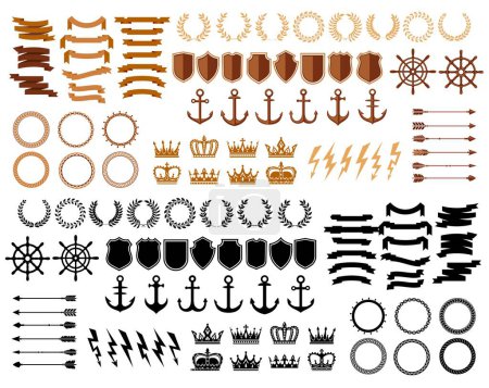Illustration for Badge, seal, laurel wreath and vintage crown, arrow, anchor and shield, vector symbols. Marine heraldic elements or sea sailor heraldry icons of ship helm and royal crown for nautical navy yacht club - Royalty Free Image