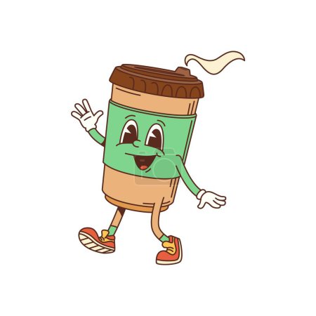 Illustration for Cartoon groovy coffee cup character with happy face in hippie art or hipster style, isolated vector. Smiling groovy hot coffee cup walking and waving Hello with hands for coffeeshop or t-shirt print - Royalty Free Image