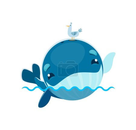 Téléchargez les illustrations : Baleine bleue personnage de dessin animé, drôle kawaii mer ou océan animal marin, vecteur isolé. Mascotte d'enfant, jolie grosse baleine sur les vagues avec mouette sur le dos pour t-shirt enfant ou imprimé pépinière - en licence libre de droit