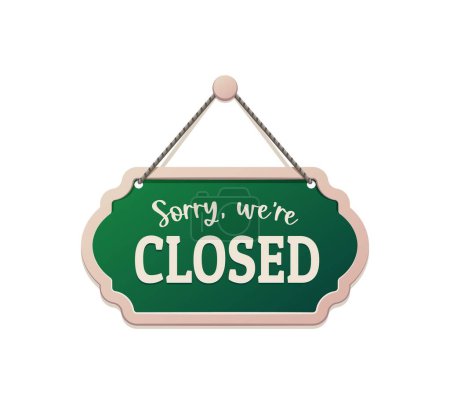Illustration for Closed board sign, shop notice signboard. Isolated vector banner indicating closure. Bold letters, green and white color scheme convey message, ensuring clear visibility, signaling temporary shutdown - Royalty Free Image