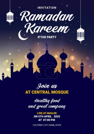 Illustration for Ramadan Kareem iftar party flyer for Eid Mubarak Muslim holiday, vector greeting card. Mosque silhouette in night with crescent moon, stars and Arabian lantern lamps for Ramadan Kareem Iftar party - Royalty Free Image