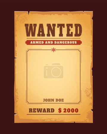 Illustration for Western wanted banner with reward. Dead or alive vintage banner template features weathered paper, bold heading, vintage font, blank space for culprit name and crime details. Authentic frontier design - Royalty Free Image