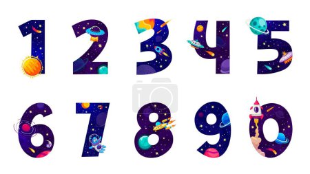 Ilustración de Números espaciales de la galaxia de dibujos animados y divertidos elementos del juego de matemáticas, números vectoriales. Espacio símbolos numéricos fuente o números de 1 a 0 con cohetes espaciales, planetas y extraterrestres OVNI o asteroides para niños juego de matemáticas - Imagen libre de derechos