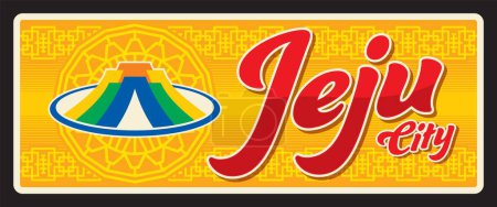 Illustration for Jeju South Korea largest island, travel sticker and plate, retro tin sign. South Korea capital tourism and Asia vacation journey vector banner, Korean city travel vector plaque tourist destination - Royalty Free Image
