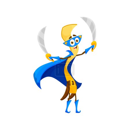 Illustration for Cartoon fettuccine italian pasta superhero character. Isolated vector lively super hero noodle personage, wear cape, mask and weapon swords, ready to fight hunger and bring joy to the dinner table - Royalty Free Image