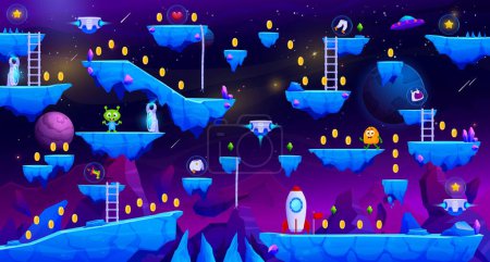 Illustration for Arcade space planet game level map, vector interface with aliens and ice stone platforms. Golden coin bonuses, rocket shuttle or spaceship and alien Martians on ice rocks for arcade game background - Royalty Free Image