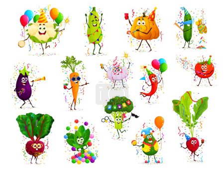 Ilustración de Dibujos animados personajes vegetales divertidos en aniversario de cumpleaños, fiesta de vectores. Lindo brócoli, zanahoria y espinacas en la fiesta de cumpleaños feliz celebración con globos, piñata mexicana y confeti - Imagen libre de derechos