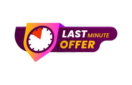 Illustration for Last minute offer, countdown sale and hurry up icon. Vector clock and ribbon banner of last time chance discount offer badge. Final price deal promo tag, special sale count down timer isolated sign - Royalty Free Image