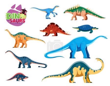 Illustration for Cartoon dinosaurs isolated cute characters. Eoraptor, Polacanthus, Wuerhosaurus and Henodus, Shunosaurus, Haplocanthosaurus and Melanorosaurus, Lotosaurus dinosaurs vector childish personages set - Royalty Free Image