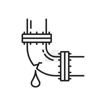 Illustration for Plumbing service icon with broken sewage pipe. Plumbing maintenance outline icon or sign, sewage fixing or leaking water pipe repair thin line vector linear pictogram or symbol - Royalty Free Image
