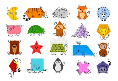 Illustration for Cartoon animal characters with math shapes. Isolated vector fish, tiger, rabbit and fox. Sheep, pig, armadillo and dog with porcupine and lion. Bear, starfish, turtle and whale with ape or parrot - Royalty Free Image