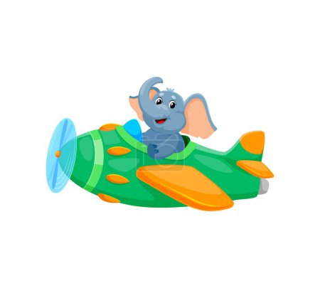 Ilustración de Piloto de elefante de dibujos animados en el avión, aviador animal divertido en el avión, personaje del vector. Elefante bebé feliz volando en el avión de la hélice, piloto animal divertido del zoológico o juguete del aviador para los niños - Imagen libre de derechos