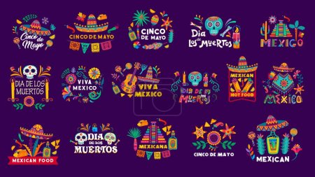Mexikanische Urlaubsetiketten. Vector Dia de los muertos, Cinco de Mayo, Viva Mexico Cartoon Schriftzug mit festlichen Elementen. Kreative Typografie mit traditionellen lateinischen Symbolen für Grußkarten und Dekor
