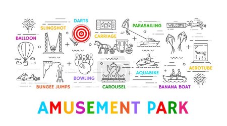Illustration for Line amusement park, carnival fun fair or funfair attractions. Vector outline carousel, hot air balloon and horse carriage, ticket, darts and bowling, slingshot and aerotube, fairground entertainment - Royalty Free Image