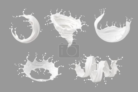 Ilustración de Crema de leche líquida o yogur salpicadura blanca. Remolino realista, tornado y corona salpicaduras de flujo con gotas y olas, vectores de bebidas lácteos 3d o productos alimenticios de granja. Corrientes de círculo de leche aisladas con ondulación - Imagen libre de derechos