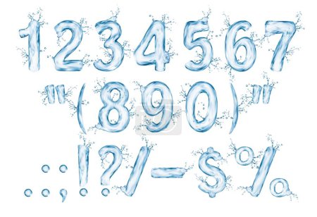 Illustration for Liquid water numbers with splash bubbles, transparent type font, aqua typeface, wet english digits and signs. Isolated 3d vector realistic numerical and glyph symbols ripples with aquatic reflections - Royalty Free Image