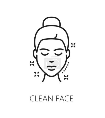 Illustration for Face clean icon for cosmetology or skincare and facial cleaning cosmetics, line vector. Woman beauty and face skin care or dermatology icon for facial cleanser or skin micellar cleaner instruction - Royalty Free Image