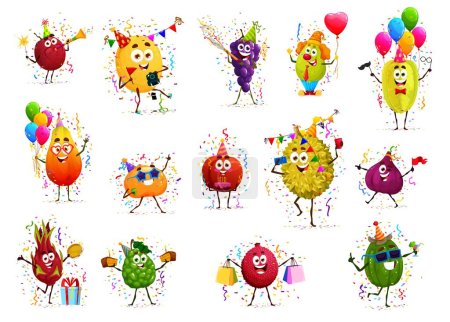 Téléchargez les illustrations : Personnages de fruits joyeux bande dessinée sur anniversaire de vacances d'anniversaire. Fête d'anniversaire pour enfants goyave, citron, pomme et orange, poire, banane vecteur isolé personnages mignons avec ballons, cadeau et confettis - en licence libre de droit
