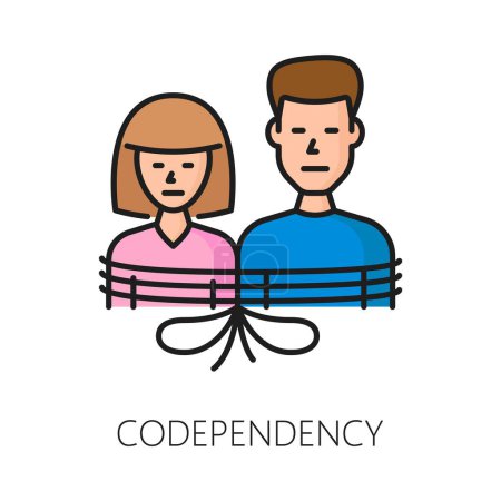 Illustration for Codependency psychological disorder problem, mental health icon. Vector linear symbol representing the struggles and dependencies of two individuals tied with rope. Couple in codependent relationships - Royalty Free Image