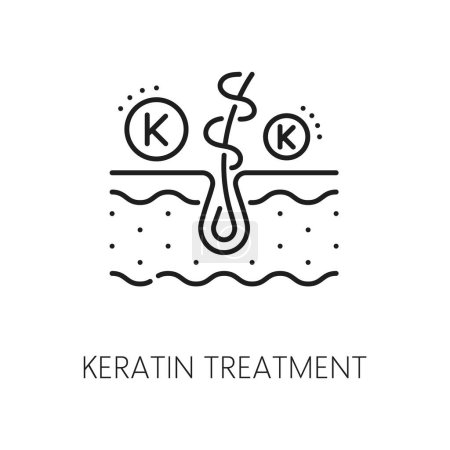 Illustration for Hair care and keratin treatment linear icon. Woman beauty and bathroom cosmetics, spa salon treatment or hair health product thin line vector icon with keratin molecule and hair follicle - Royalty Free Image